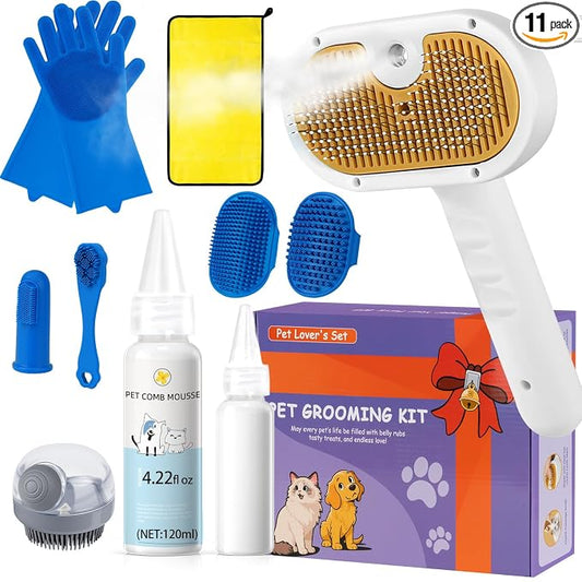 Pet Steam Brush for Dog & Cat – 3-in-1 Spray Hair Removal Comb for Shedding & Grooming, Softens Fur & Reduces Static – Water Brush for Long & Short Coats, Bath-Hating Pets, Includes Waterless Shampoo