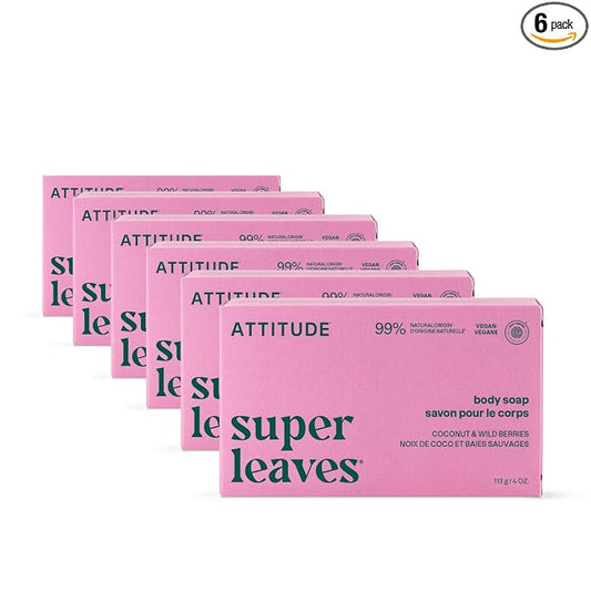 ATTITUDE Body Soap Bar, Natural Origin, Protects and Softens Dry Skin, Watercress, Indian Cress & Olive Oil, EWG Verified & Vegan, Coconut & Wild Berries, 4 Oz (Pack of 6)