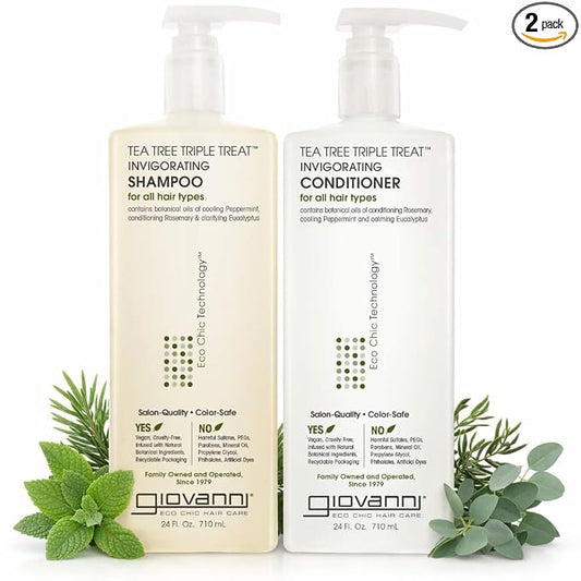 GIOVANNI Tea Tree Triple Treat Invigorating Shampoo & Conditioner Set | 24 Fl Oz Each, Peppermint, Eucalyptus, Rosemary, Helps Dry, Flaky Scalp, Salon Quality, Vegan, Cruelty Free, Paraben Free