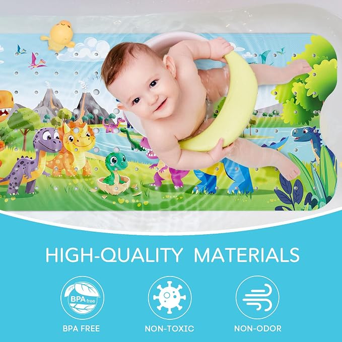 SHUCHING Baby Bath Mat for Tub Non Slip-40 X 16 Inch, Dinosaur | Bathtub Mat for Kids & Toddler Mold Free, Long Shower Mat for Inside Shower with Suction Cup, Machine Washable