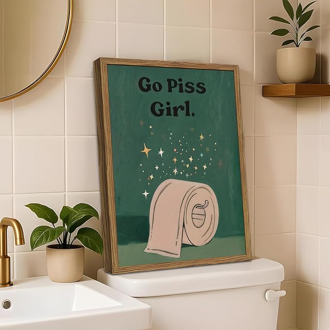 Funny Girl Bathroom Wall Art Go Piss Girl Toilet Paper Sign Wall Decor Picture Trendy Retro Moody Green Quote Restroom Poster Canvas Painting Prints 12x16 inch Wood Framed