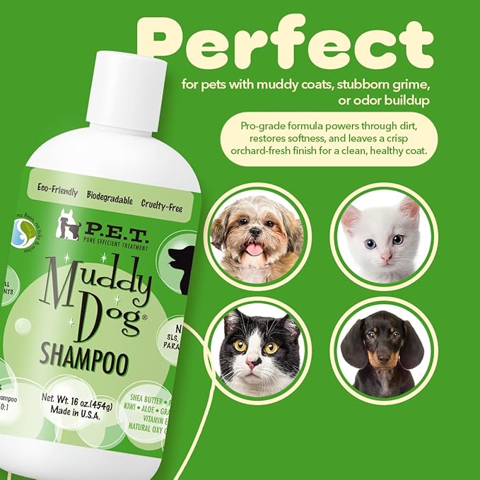 P.E.T. Muddy Dog Deep-Clean Shampoo — Shea Butter, Papaya & Kiwi Blend — 10 : 1 Concentrated Moisturizing, Degreasing & Deodorizing Formula — Cosmetic Grooming (Not a Pesticide) — 16 oz
