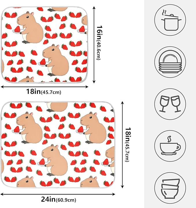Cute Capybara Strawberry Dish Drying Mat, Absorbent Drainer Mats for Kitchen Counter Coffee Maker 24"x18"