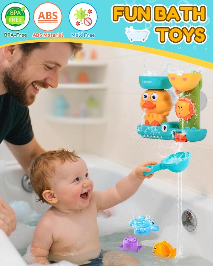 Toddler Bath Toys for Kids Ages 1-3 Waterfall Bathtub Toys for Toddlers 2-4 | with 3 Strong Suction Cups & Stacking Cups Battery-Free Duck Sensory Shower Toys for Boys Girls Gifts