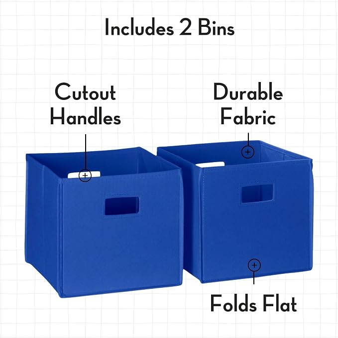 RiverRidge Kids Bookshelf with Veggie Storage and 2 Open Shelves and 2 Blue Fabric Storage Bins - Kids Organizer, Toy Shelf & Book Shelf with Deep Veggie Bin and Top Toy Display Area