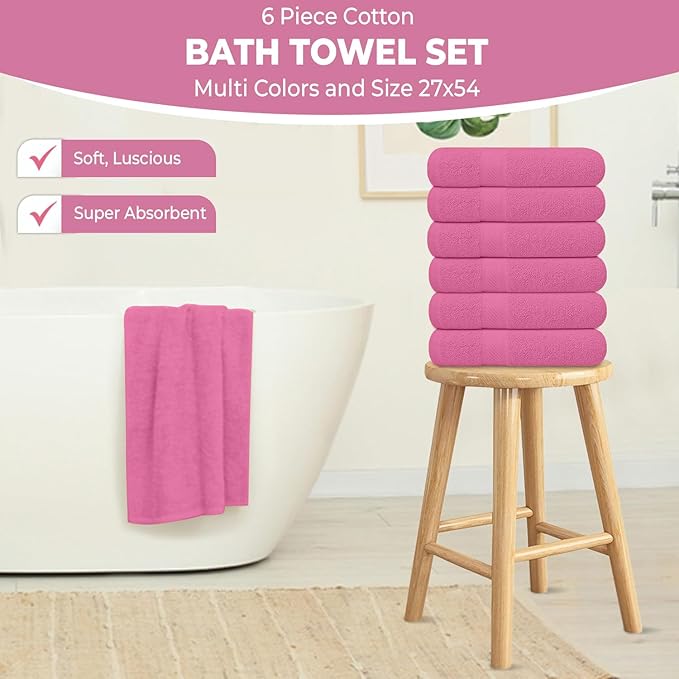KAHAF COLLECTION 6 Pack Bath Towels Set (27 x 54 Inches) 100% Ring Spun Cotton, Lightweight, Quick Dry, Highly Absorbent Towels (Pink, (27x54) Inches)