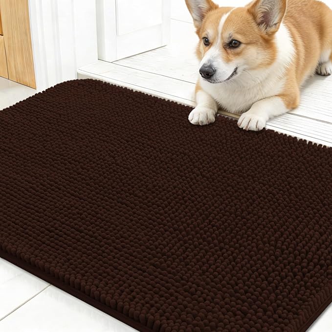 OLANLY Dog Door Mat for Muddy Paws 24x16, Absorbs Moisture and Dirt, Absorbent Non-Slip Washable Doormat, Quick Dry Chenille Mud Mat for Dogs, Entry Indoor Entryway Carpet for Inside Floor, Brown
