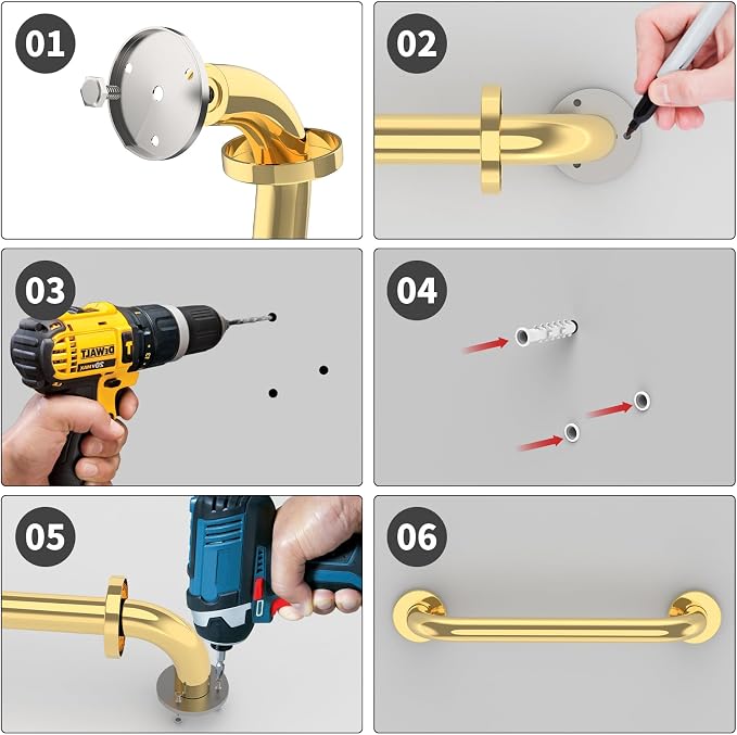 12 Inch Stainless Steel Shower Grab Bar, ZUEXT Gold Shower Handle, Bathroom Balance Bar, Safety Hand Rail Support Bar for Handicap Elderly Injury, Senior Assist Bath Tub Wall Concealed Mount Handle