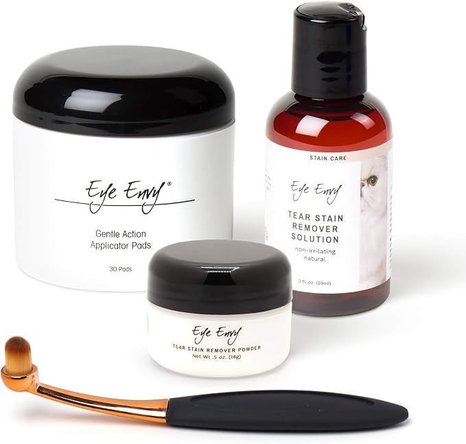 Eye Envy Cat Tear Stain Remover Starter Kit with ProPowder Brush. Stain Solution, Applicator Pads, Stain Powder, and Small Applicator Brush. Tear Stain Cleaning Kit. Lasts 30-45 Days. Made in USA.