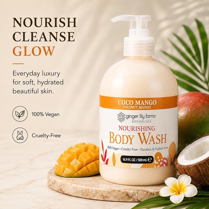 Ginger Lily Farms Botanicals Nourishing Body Wash, Coco Mango, 100% Vegan & Cruelty-Free, Coconut Mango Scent, 16.9 Fl Oz (Pack fo 6)