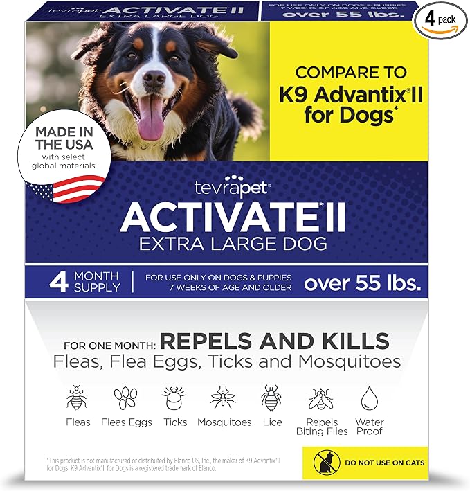 TevraPet Activate II Flea and Tick Prevention for Dogs, Extra Large Dogs 55+ lbs, Topical Drops, 4 Month Flea and Tick Treatment