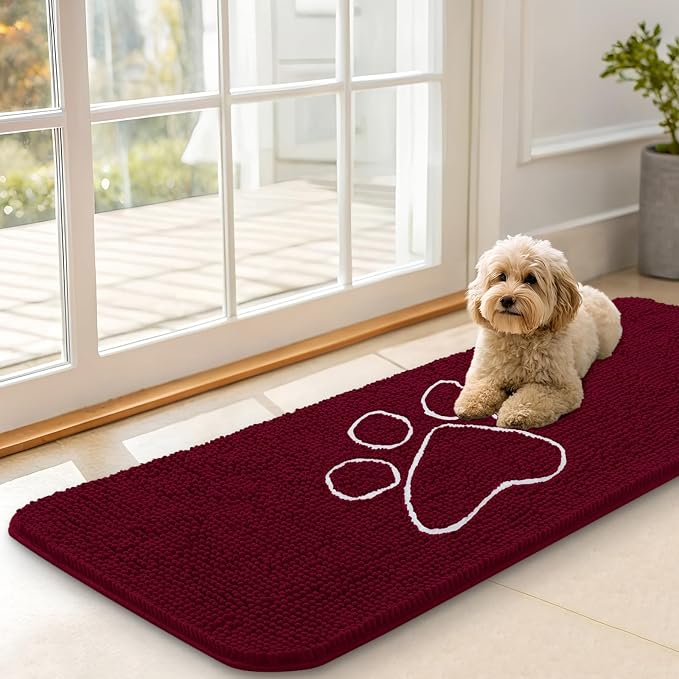 OLANLY Dog Door Mat for Muddy Paws 47x17, Paw Print Design, Absorbs Moisture and Dirt, Absorbent Non-Slip Washable Doormat, Quick Dry Chenille Mud Mat for Dogs, Entry Indoor Entryway Carpet, Burgundy