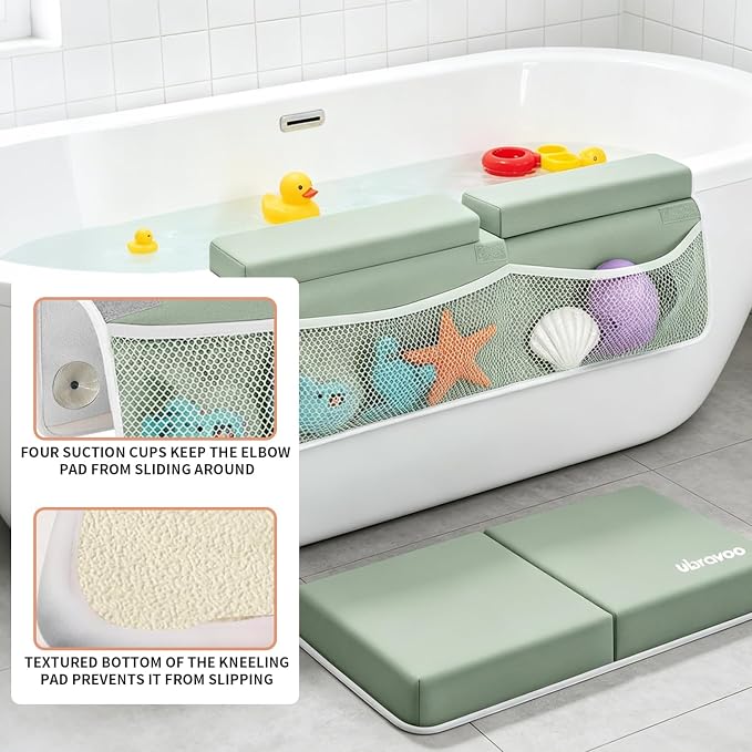 UBRAVOO Baby Bath Kneeler with Elbow Rest Pad, Non-Slip Foam Mat, Quick-Drying Cushion, Foldable Bathtub Support with Toy Storage Pockets for Parents (Green)