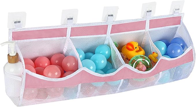 Large Bath Toy Storage, 4 Compartment Quick Drying Mesh Bath Toy Organizer with 5 Hooks, Easy Access and Sorting Large Capacity Corner Bathroom Storage, Multi Use Holder (Pink)