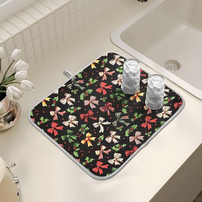 Christmas Bow Berries Dish Drying Mat, Absorbent Drainer Mats for Kitchen Counter Coffee Maker 24"x18"