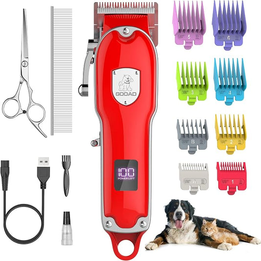 Dog Clippers for Grooming for Heavy Thick Hair&Coats,Low Noise Dog Hair Trimmer,Rechargeable Cordless Pet Shaver with Stainless Steel Blade, Dog Grooming Kit for Small Large Dogs Pets (Red)