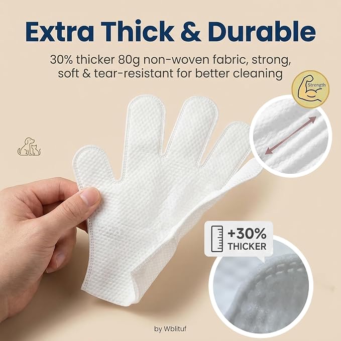 Pet Glove Wipes, Disposable Grooming Mitts for Dogs and Cats, Waterless Bath, Lick-Safe, with Jojoba Oil, Honey Extract and Shea Butter, 20 Count (Extra Thick, 20 Count-Glove Wipes)