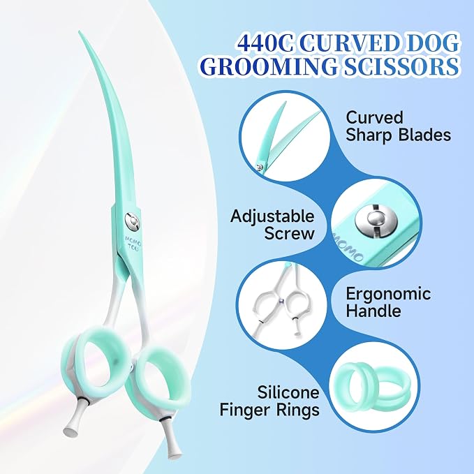 7'' Curved Dog Grooming Scissors Green to White Gradient | 440C Stainless Steel, Sharp Durable, Professional or Home Use, Ergonomic Handle with 2 Silicone Finger Rings
