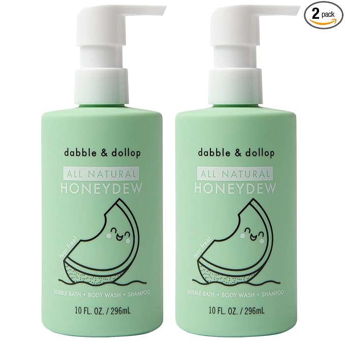 Dabble & Dollop Honeydew Melon Kids 3-in-1 Body Wash, Shampoo & Bubble Bath – Tear-Free, Gentle, Natural-Origin, Hypoallergenic and Safe for Sensitive Skin (10 fl oz, Pack of 2)