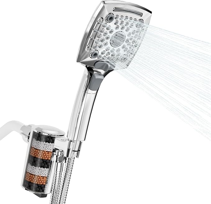 Filtered Shower Head with Handheld, High Pressure 5 Functions Handheld Shower Head with 59" Extra Long Stainless Steel Hose & Adjustable Bracket, Built-in Waterfall