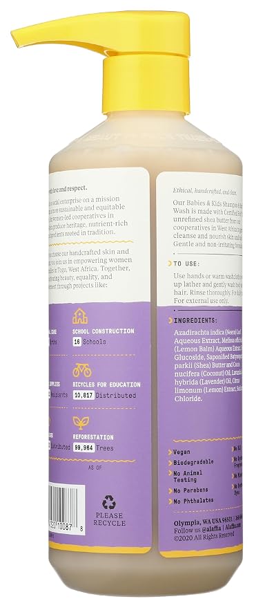 Alaffia Babies and Kids Shampoo and Body Wash, Gentle and Calming Support for Soft Hair and Skin with Shea Butter, Neem, and Coconut Oil, Fair Trade, Lemon Lavender, 16 Fl Oz