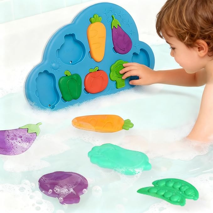 DQMOON Stick, Match & Learn Toddler Bath Toys | Suction Cup Silicone Veggies Puzzle | Montessori Sensory Matching Baby Bath Toys | Educational Bathtub Toys for Toddlers 1-3 | Gifts for Boys Girls