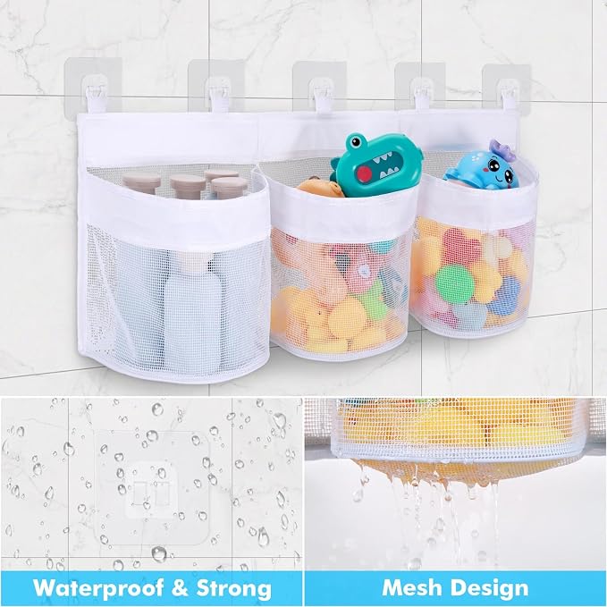 Bath Toy Storage Organizer, 3 Compartment Bath Toy Holder for Tubs, Large Capacity & Quick-Drying Mesh - 5 Strong Adhesive Hooks for Easy Access