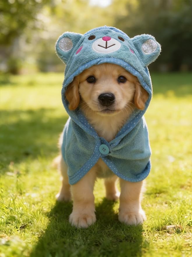 Dog Hooded Bathrobe Towel Fast Drying Absorbent Bath Warm Blanket | Blue M