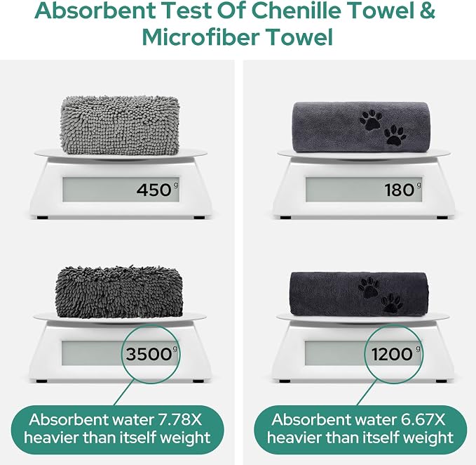 HOMEIDEAS 2 Pack Dog Towels Set, Chenille and Microfiber, Super Absorbent Soft Bath Shammy Towel with Hand Pockets for Pets Drying