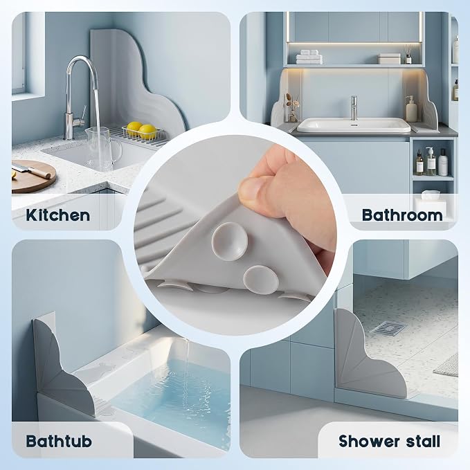 Shower Splash Guard with Suction Cups (Pack of 2), No Adhesive Silicone Splash Guard for Bathtub to Keep Water in Shower, Shower Water Blocker Corner Guards - Gray