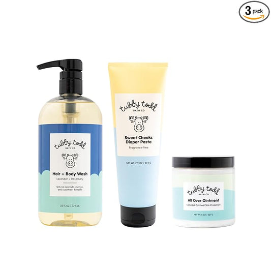 TUBBY TODD Baby Bundle Newborn Skin Care Set - Hypoallergenic Hair + Body Wash, All Over Ointment with Colloidal Oatmeal, Sweet Cheeks Diaper Paste - Lavender Rosemary, Full Size