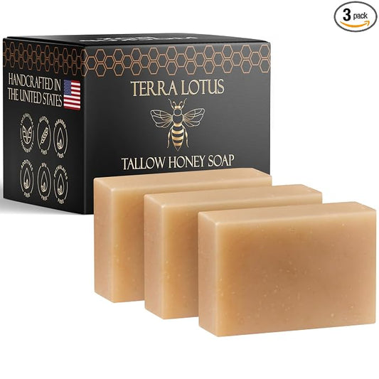Terra Lotus - Organic Tallow Soap with Organic Castor Oil & Raw Honey - Hydrating & Nourishing - 3 Pack (Citrus)