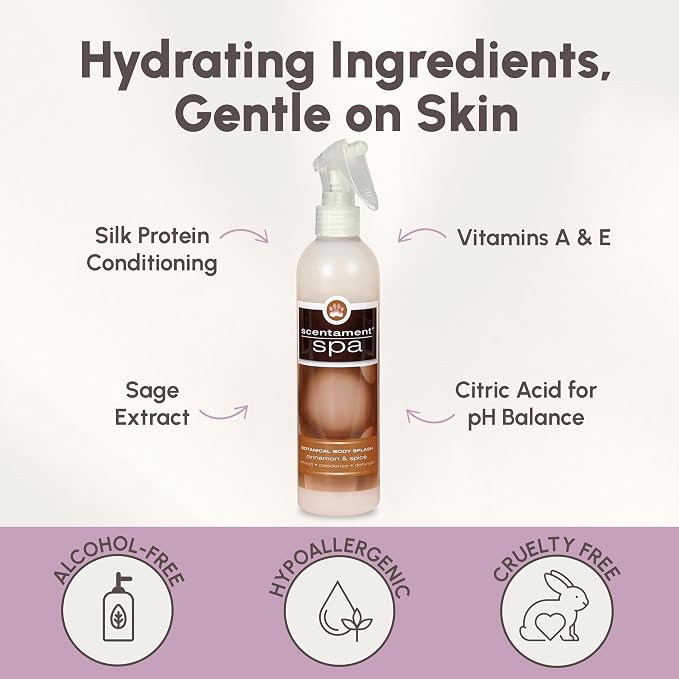 Best Shot Scentament Spa Botanical Body Splash, Body Spray Conditioner for Pets, Cat and Dog Cologne Spray, Alcohol-Free, Ready To Use, Cinnamon Spice, 8 Oz.