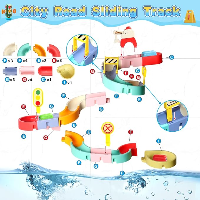 Fajiabao Bath Toys for Kids Ages 4-8 3-5 Fun DIY Bathtub Toys for Toddler | 38 PCS Modular Track with Magnetic Cars Easy-Assemble Slide for 3+ Year Old Boys Girls Gifts with Strong Suction Cups