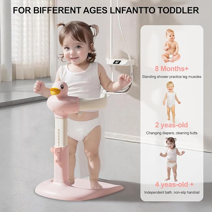 Baby Shower Stand with Anti-Slip Base, Adjustable Height Baby Shower Standing Support, Portable Toddler Bath Stand for Infants 6-36 Months, Toddler Stands up Shower (Pink)