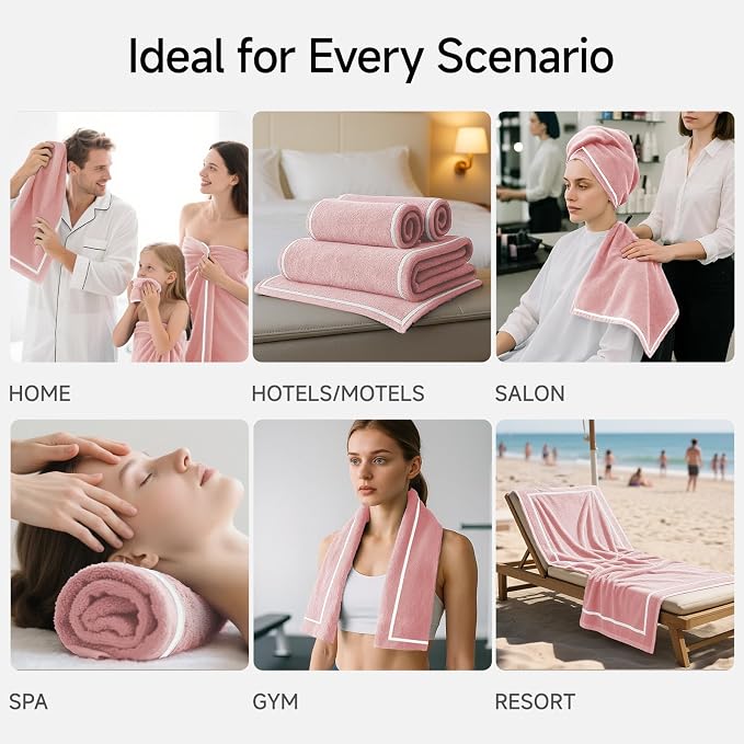 REDKISS 4-Piece Bath Towel Set - 2 Hand Towels, 2 Bath Towels | Super Absorbent, No Lint & No Fading,Ultra-Fiber Coral Fleece | Perfect for Bathroom, Spa, Gym | Family & Adults-Pink