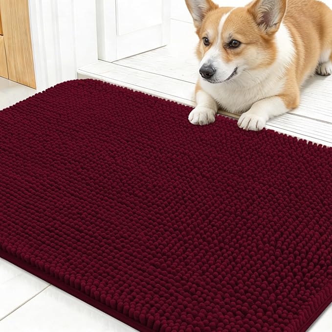 OLANLY Dog Door Mat for Muddy Paws 24x16, Absorbs Moisture and Dirt, Absorbent Non-Slip Washable Doormat, Quick Dry Chenille Mud Mat for Dogs, Entry Indoor Entryway Carpet for Inside Floor, Burgundy