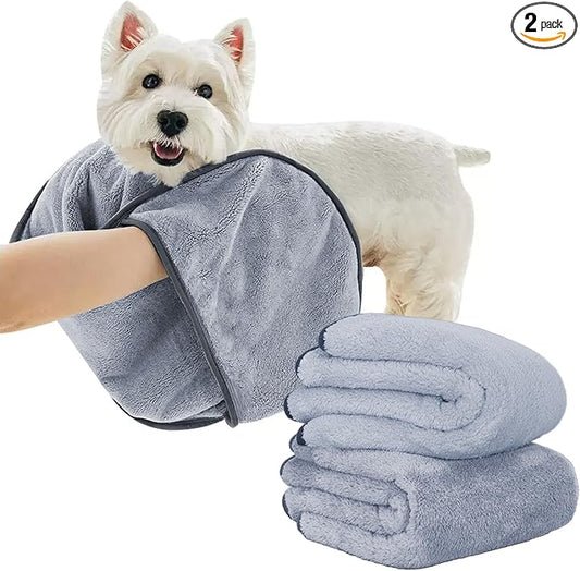 Dog Towels for Drying Dogs Small Medium Large, 2 Pack Dog Cat Drying Bath Towel 30.3"x13.8" with Hand Pocket,Absorbent Pet Towel for Dog Cat Grey