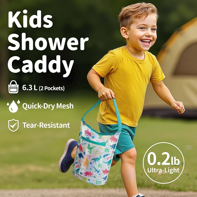 Kids Mesh Shower Caddy -Small Toiletry Bag,Black Dinosaur | Quick-Dry Portable Lightweight Hanging Mesh Tote Bag with S-Hook, Zipper Pocket, for Boys Bathroom, Camp, Dorm, Gym
