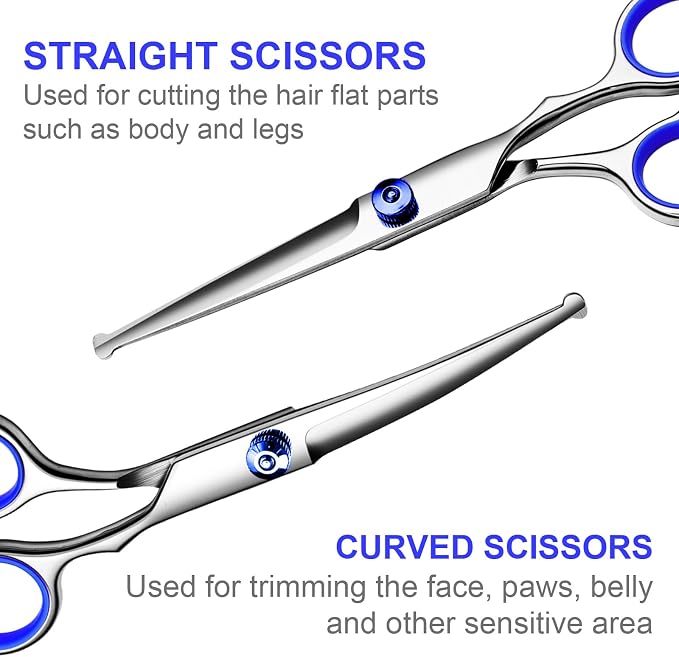 TINMARDA Dog Grooming Kit, Professional Stainless Steel Dog Grooming Scissors with Curved Shears, Blue Finger Rings - 4 Piece Sharp Durable Pet Shears for Dogs Cats At Home Salon-Quality Grooming