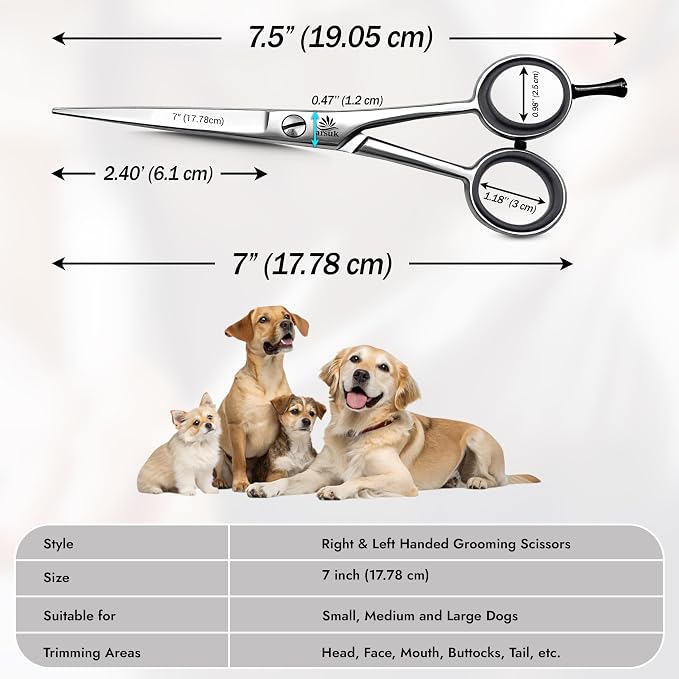 ARSUK Dog Grooming Shears 7-Inch Professional Japanese Stainless Steel Pet Grooming Scissors for Pets, Sharp Dog Hair Scissors with Fix Screw, Ergonomic Handle & Comfort Grip, Mirror Finish
