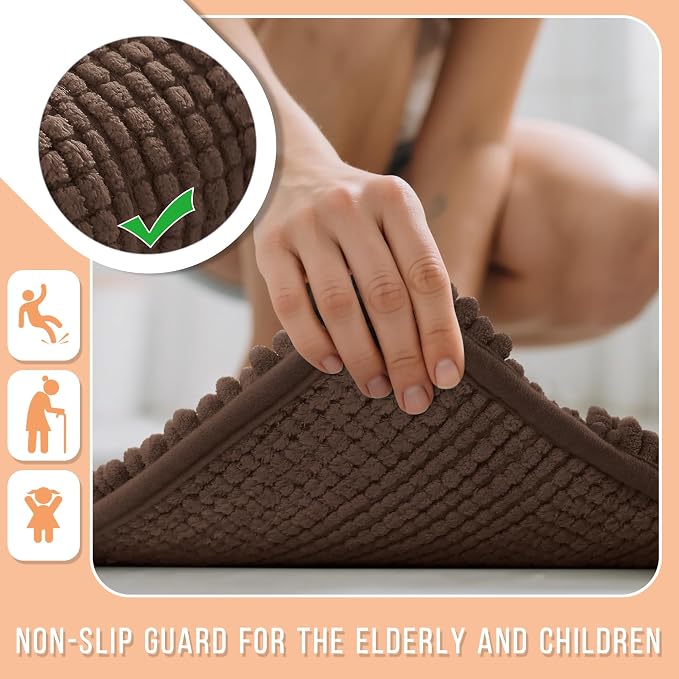 Yimobra Bathroom Rug Mat, Non Slip and Super Absorbent Bath Mat, Machine Washable Quick Dry, Ultra Plush Chenille Shower Rugs for Bathroom Floor Sink Tub and Shower Outside, Brown, 24 x 17