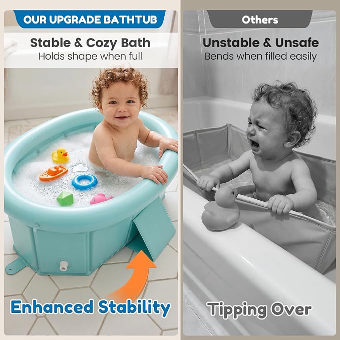 Orzbow Toddler Bathtub with Inflatable Top Edge, Collapsible Baby Bathtub with Side Drain Plug, Portable Bath Tub for Infant Toddler Kids 6M- 6Y Without Assembly, Extra Stable & Durable, Green