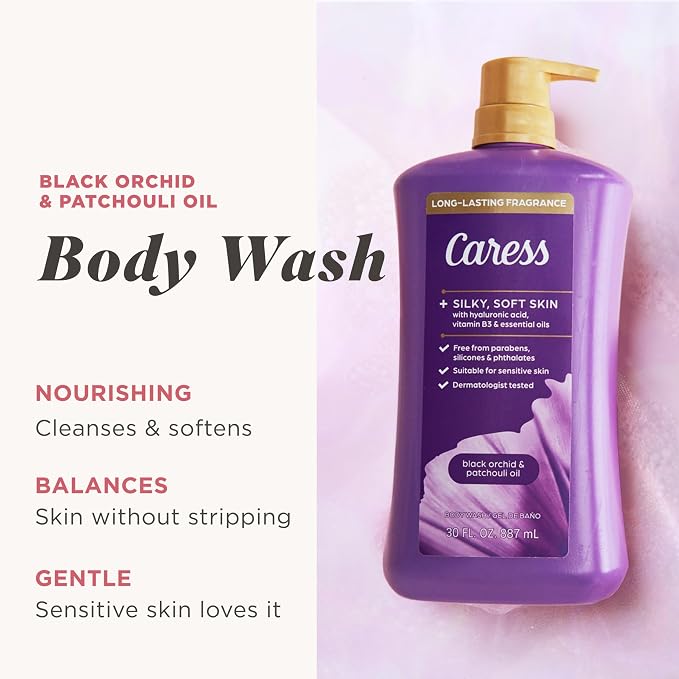 Caress Black Orchid & Patchouli Oil Body Wash with Pump, Hyaluronic Acid & Vitamin B3 for Moisturized, Silky Soft Skin, Long-Lasting Exotic Fragrance, 30 fl oz (4 Pack)