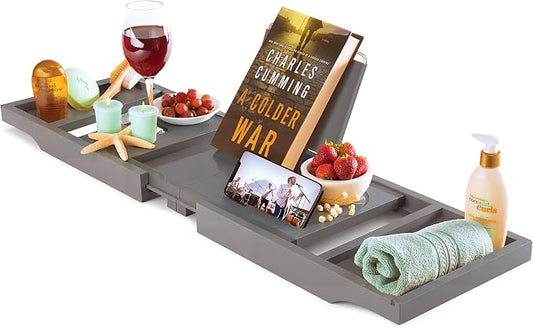 Bathtub Tray for Tub - Grey Bamboo Bath Caddy Tray, Expandable Wood Bathtub Caddy with Wine Glass Holder, Book and Tablet Stand, Bath Accessories, Spa Tub Table, Relaxation Gifts for Women and Mom
