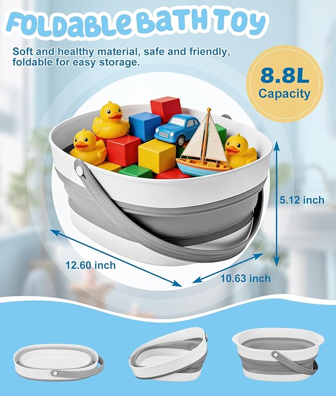 WADEO Large Bath Toy Storage Basket, 2-in-1 Foldable Bathtub Toy Holder, Removable Quick Dry Bathroom Pool Toys Organizer