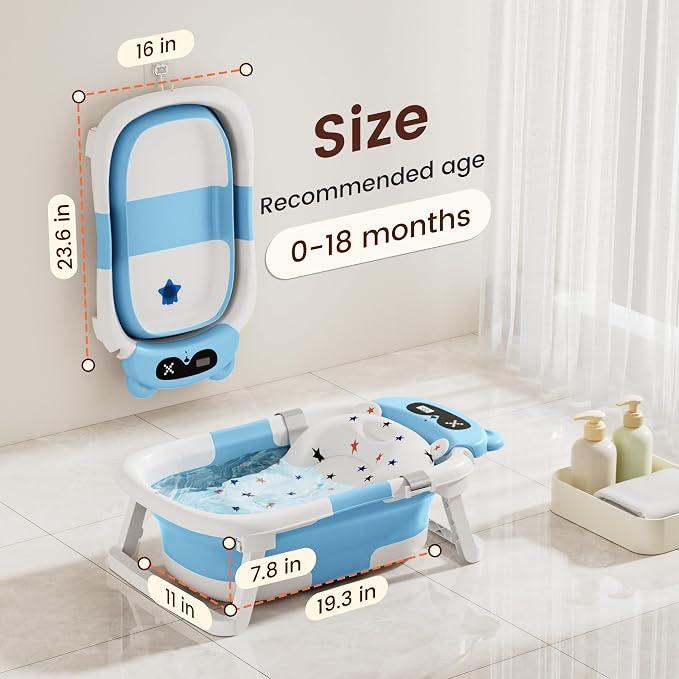 Baby Bathtub,Foldable Baby Bath Tub for Newborn to Toddler (0-18 Months) – Collapsible Infant Tub for Travel with Thermometer, Soft Cushion,Blue