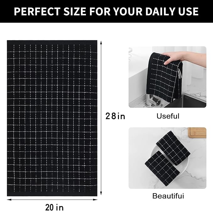 Homaxy 100% Cotton Terry Kitchen Towels(Black, 20 x 28 inches), Checkered Designed, Soft and Super Absorbent Dish Towels, Large 6 Pack