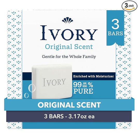 Ivory Gentle Bar Soap, Designed for Whole Family, 99.44% Pure Formula, Plant-Based Cleanser, Made Without Heavy Perfumes, Parabens & Phthalates, For All Skin Types, Original Scent, 3.17 oz (3 Count)
