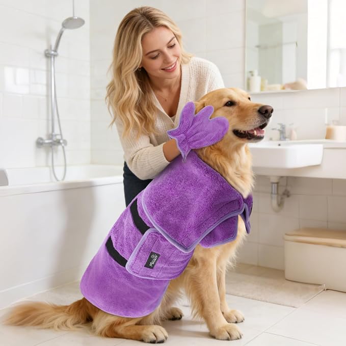 Mihachi Dog Bathrobe Towel Wrap Fast Drying with Drying Gloves Set, Super Absorbent Coral Fleece Dog Drying Coat Bath Robe for Puppy, Medium & Large Dogs, Adjustable Collar & Belly Strap, Purple S